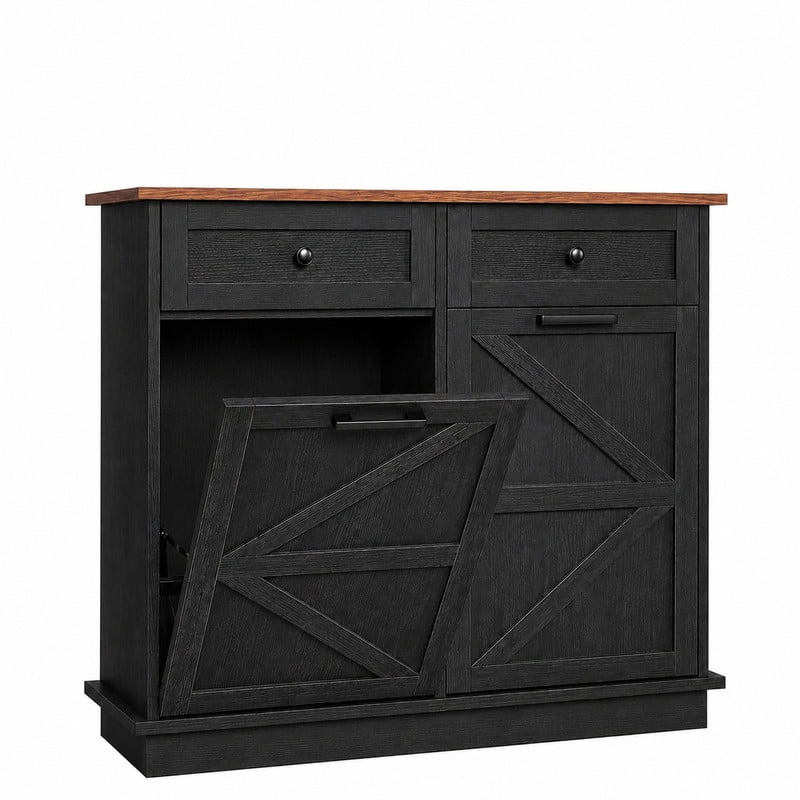 39''W Tilt Out Trash Can Storage Cabinet with 2 Drawers, Farmhouse Kitchen Island with Double 10-Gallon Trash Hidden Cabinet
