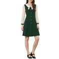 thumbnail image 2 of INSPIRE CHIC Women's Contrast Collar Long Sleeves A-Line Button Decor Short Dress Dark Green XS, 2 of 5
