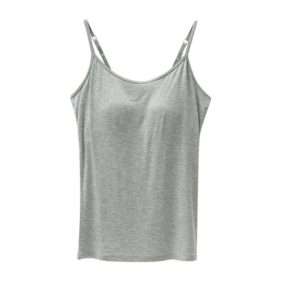 Qiopertar Solid Color Camisole for Women with Built-in Bra Padded Seamless Tank Tops Casual Comfy Stretchy Round Neck Sleeveless, Silver XL