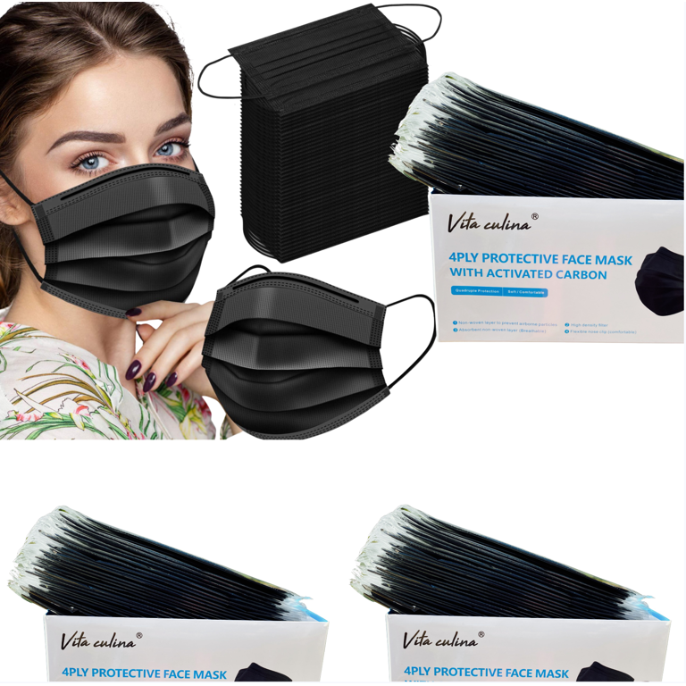 50pcs Medical Masks, Black 4-Ply Protective Adult Masks, Dust