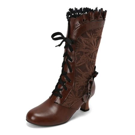 

Ediodpoh European And America Foreign Trade Autumn And Winter Lolita Women s Boots Lace Bow Leaf Lace Mid Heel Mid Leg Boots Mid Boots Woman Shoes Brown 8.5