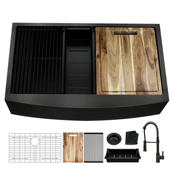 33 inch Dark Black Farmhouse Workstation kitchen Sink with Pull Out Faucet, Farm Apron-Front Single Bowl 18 Gauge Stainless Steel Kitchen Sink with Multifunctional Accessories