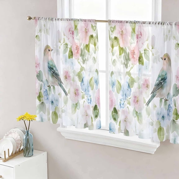 Sheer Curtains 45 Inch Length 2 Panels Set for Kitchen, Peach Blossom Semi Sheer Curtains for Windows, Nature Pink Blue Flower Spring Birds Voile Window Treatments Rod Pocket Curtain