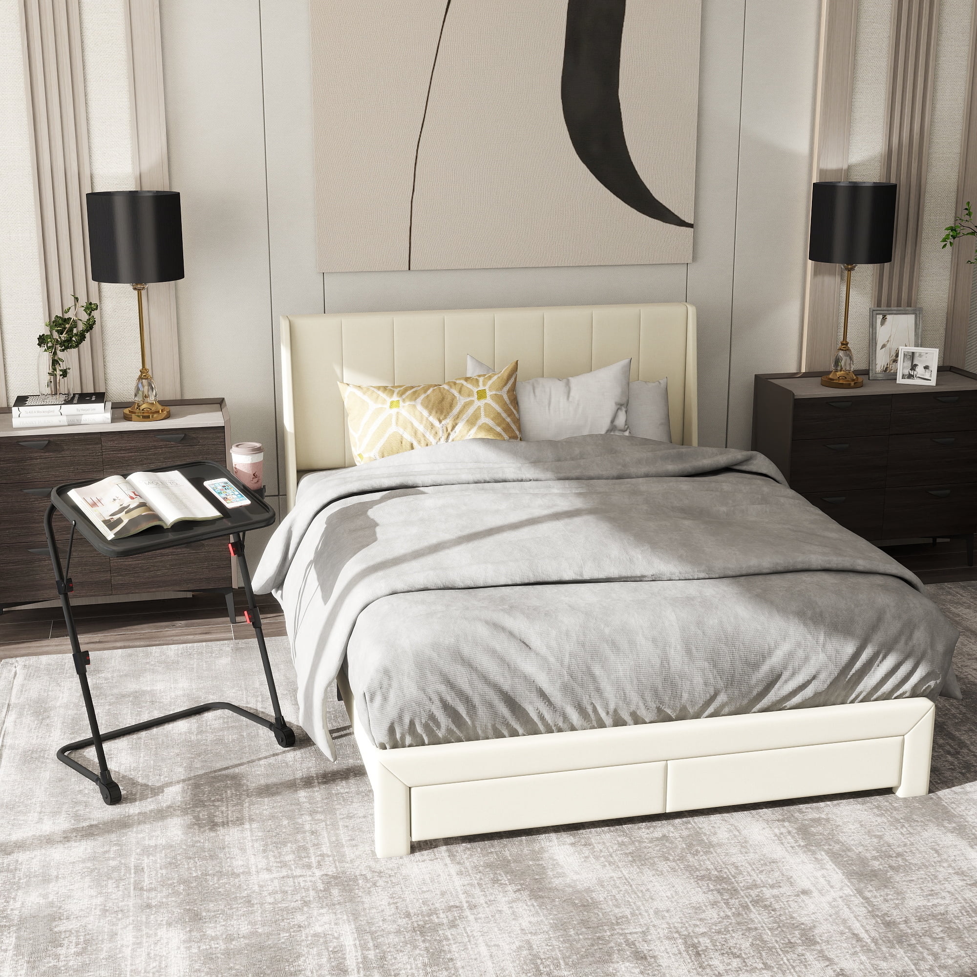 Cadre de lit plateforme Homy Casa Queen avec tête de lit rembourrée et table de chevet