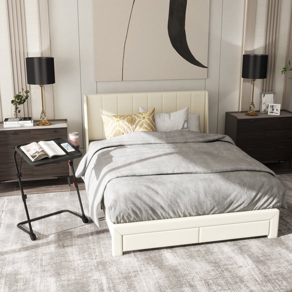 Cadre de lit rembourré Homy Casa pour lit queen-size avec table de chevet portative
