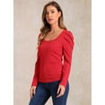 thumbnail image 4 of DARING DIVA Women's Square Neck Puff Long Sleeve Basic Ribbed Tunic Blouse Red L, 4 of 6