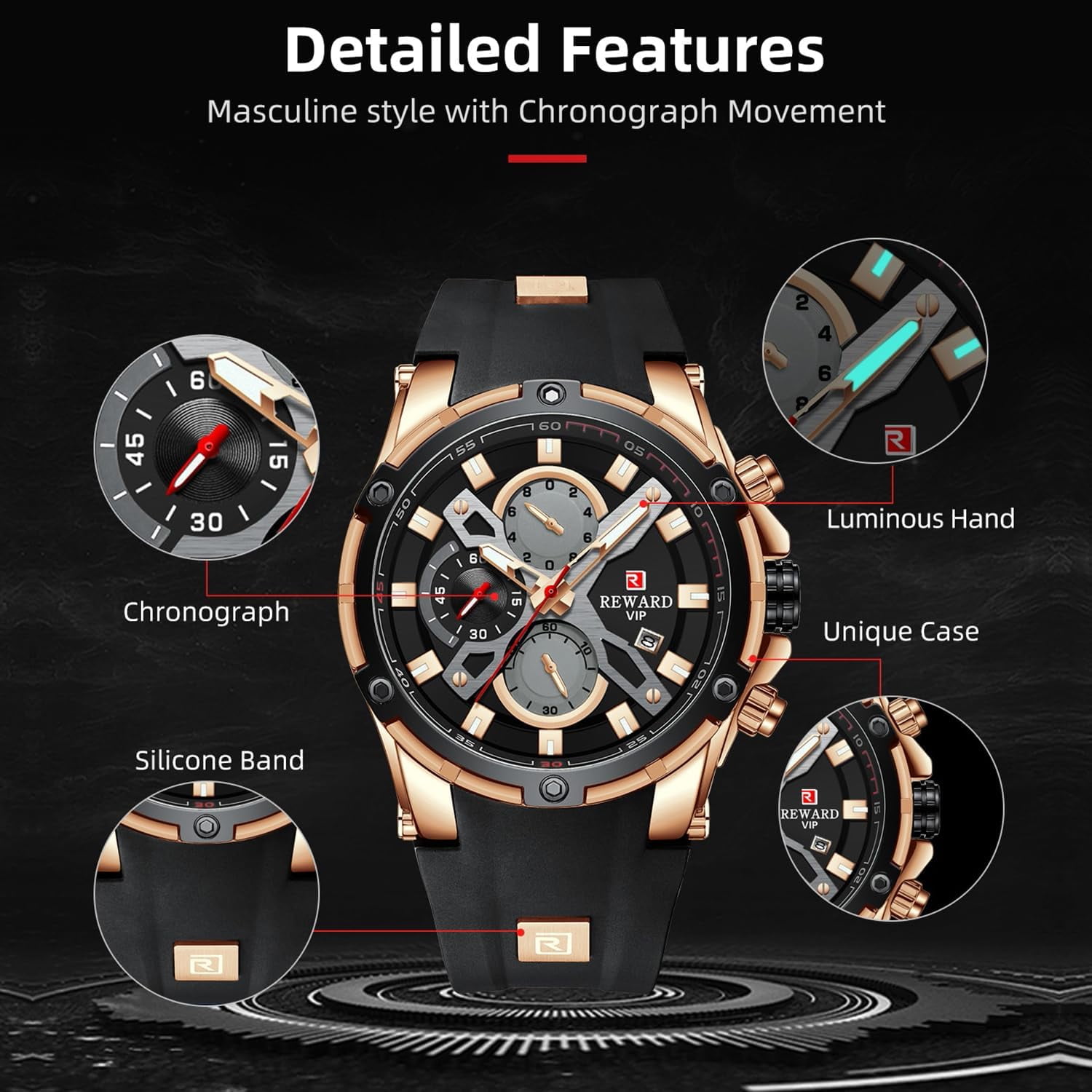 Men's Watch Fashion Tonneau Wrist Watches (Chronograph/Waterproof/Luminous/Calendar) Silicon Strap Quartz Watch for Men