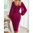 thumbnail image 4 of YOGAFOX Women's Long Lantern Sleeve Wedding Guest Dress Bodycon Square Neck Mesh Ruched Midi Dresses（Plum,L）, 4 of 4