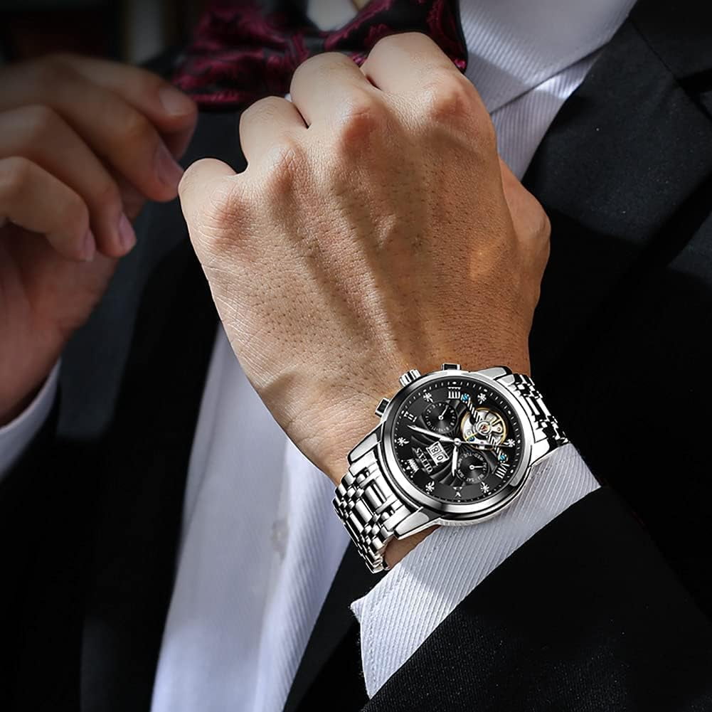 OLEVS Watch for Men Automatic Skeleton Tourbillon Mechanical Self Winding Business Luxury Dual Calendar Stainless Steel Luminous Waterproof Man Wrist Watches Black Dial
