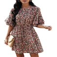 thumbnail image 1 of Femmes Été Boho Flare Flower Manches Mi-Encolure Volants Mini A-line Robe, 1 of 6