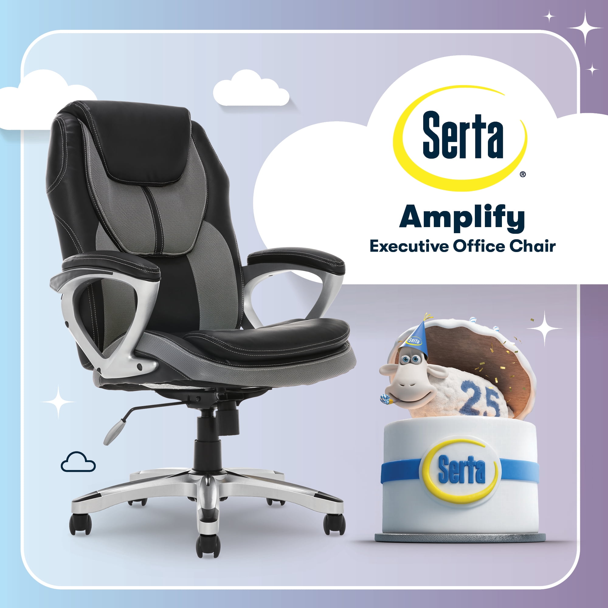 Serta Amplify Executive Office Chair with Faux Leather and Mesh, Adjustable Ergonomic Comfy Seat with Lumbar Support, Modern Computer Desk Chairs, Swivel Rolling Wheels Gray