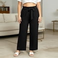 thumbnail image 6 of BiZtdJrK Straight Leg Casual Pants for Women Ruffle Elastic High Waist Drawstring Dressy Work Pants Plus Size Solid Color Summer Trousers with Pockets Black XXXXL, 6 of 7