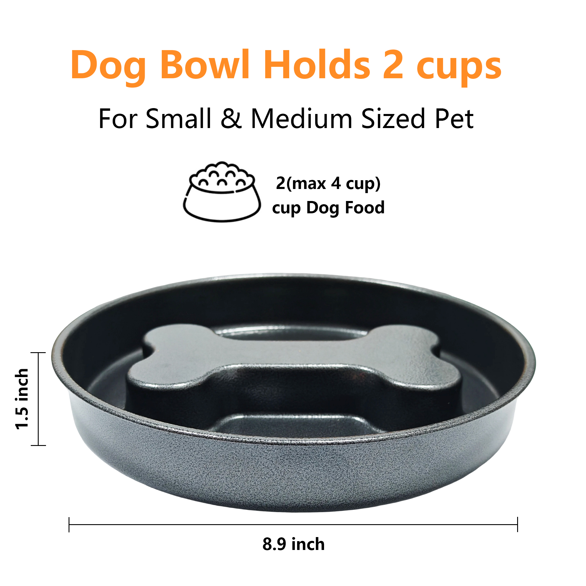 BLRTUN Slow Feeder Dog Bowl 2 Cups Heavy-Duty Stainless Steel with Hand-Hammered Finish, Non-Slip Lick Plate for Dogs and Cats, Durable Pet Food Holder for Small & Medium Breeds