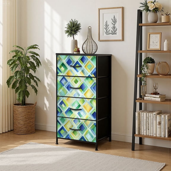 4 Drawer Vertical Storage Dresser Hand painted watercolor multi colored geometrical diamond shaped tile with Wood Top Fabric Pull Drawers