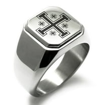 Tioneer Stainless Steel Jerusalem Cross Engraved Square Flat Top Biker Style Polished Signet Ring