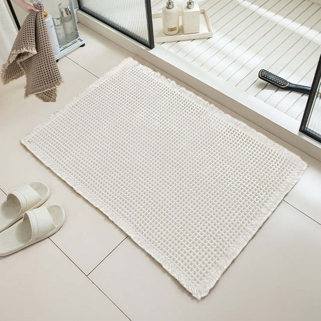 Waffle Bath Runner, Upgraded Waffle Runner Rug, Non Slip Washable Drying Boho Bathroom Bath Mat with Tassels for Hallway Shower Entry Farmhouse Home Decor, Double-Sided Use (off white, 17*24in)