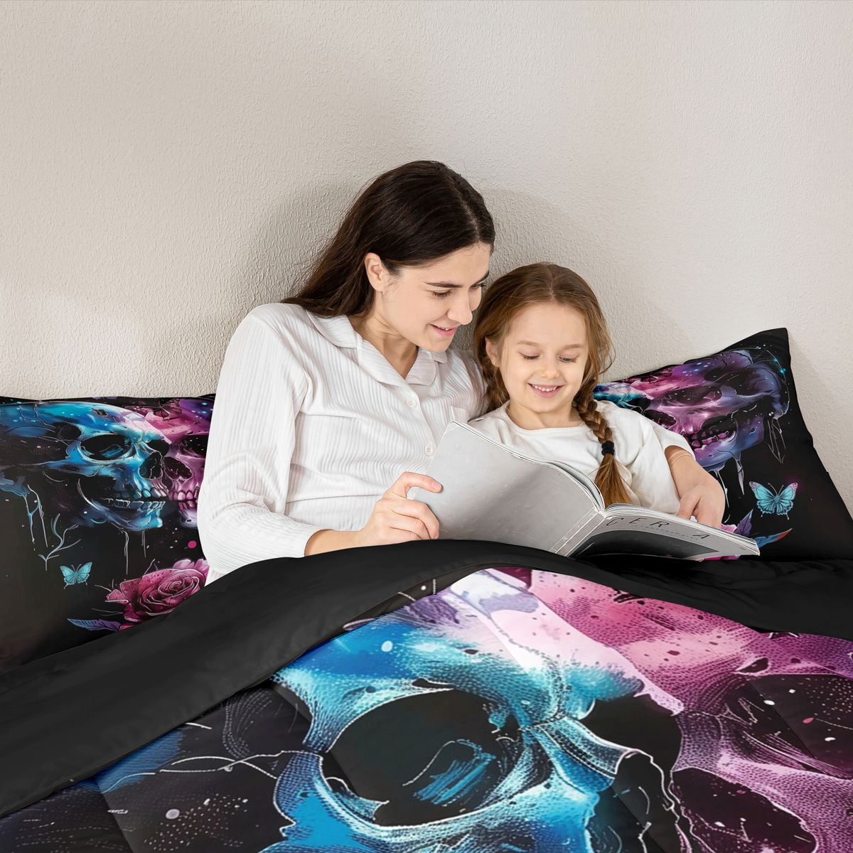 Erosebridal Teens Pink Rose Sugar Skull Twin Comforter Sets 3-Piece,Gothic Flowers Butterflies Bedding Set for Boys Girls,Black Reversible,Breathable Home Decor