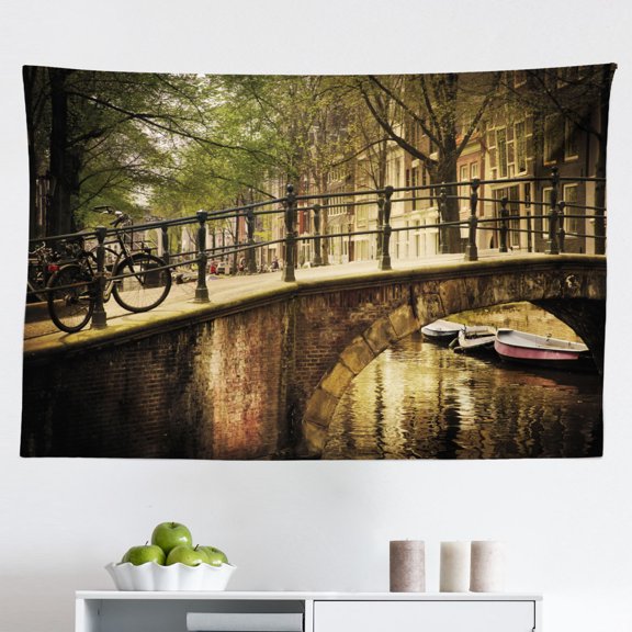 Landscape Tapestry, Wooden Bridge Between Exotic Trees Jungle Freshening Relax Road Nature Image, Fabric Wall Hanging Decor for Bedroom Living Room Dorm, 2 Sizes, Brown Green, by Ambesonne