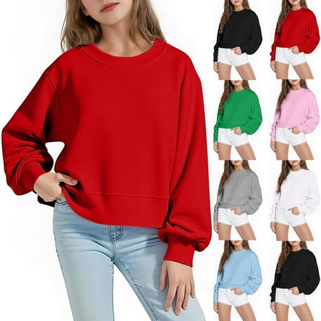 Elvqul Teen Girls Oversize Sweatshirts 10-12 Pullover Hoodie Black Crew Neck Long Sleeve Loose Solid Color Sweatshirt for Girls