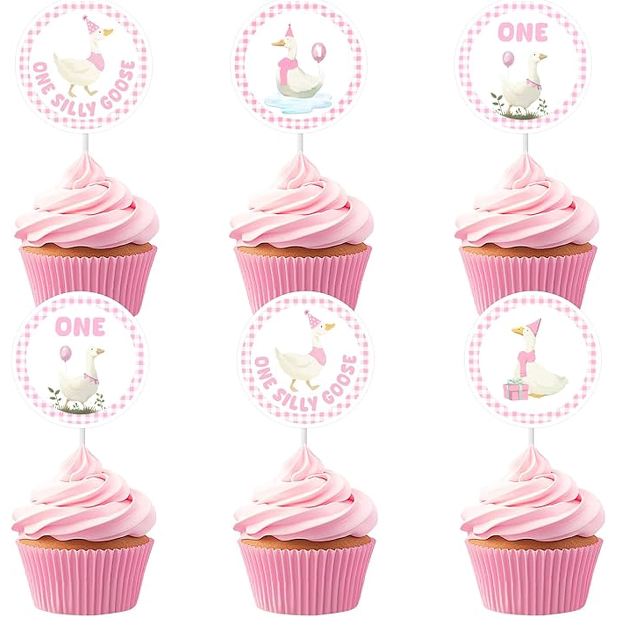 24Pcs Pink Silly Goose Cupcake Toppers, One Silly Goose Cupcake Picks 1st Birthday Party Cake Decorations, Farm Animal Themed First Bday Baby Shower Party Supplies