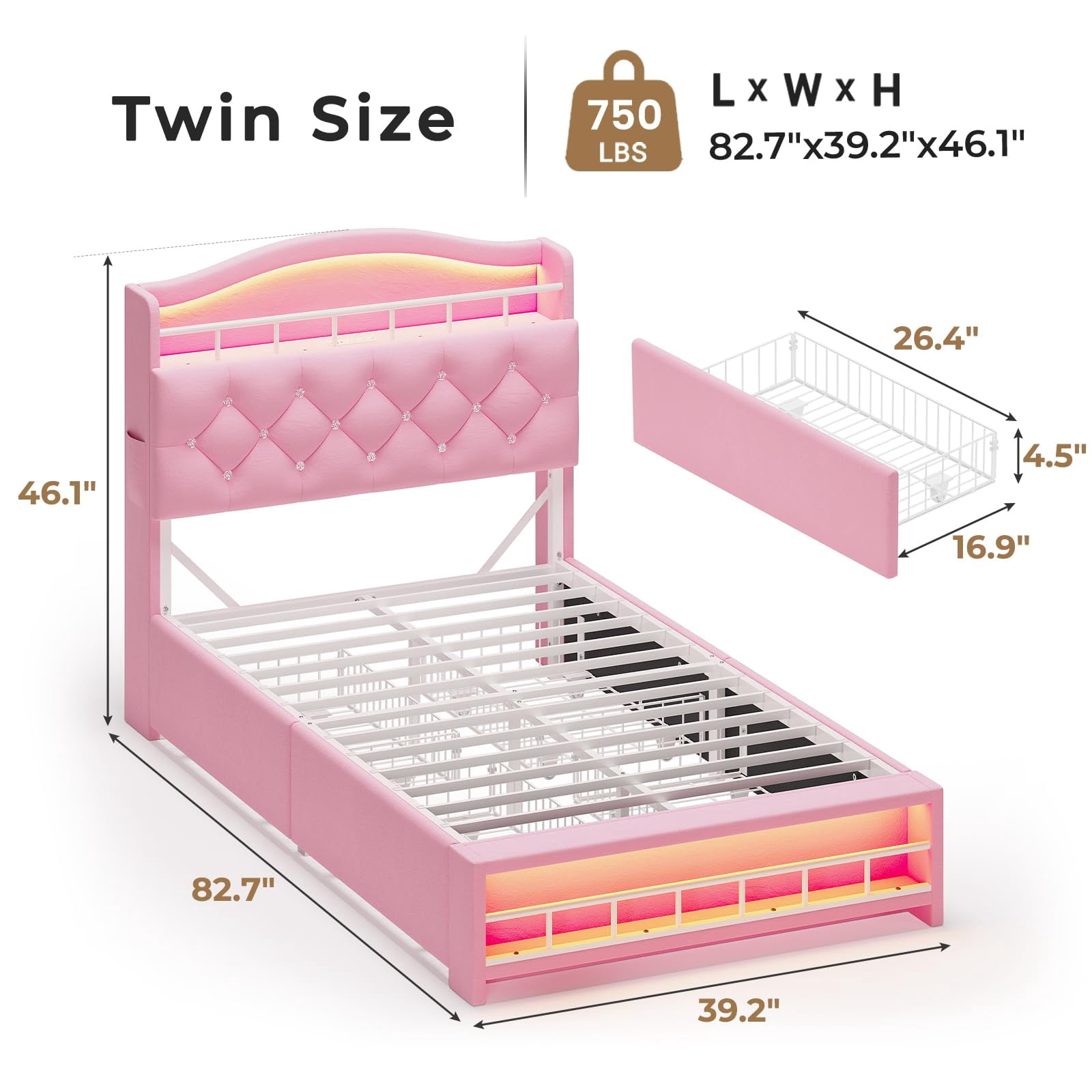 AMUZER Twin Size Princess Bed Frame with 4 Storage Drawers,Headboard with LED Lights & Charging Station, Girl Upholstered Bed,No Box Spring Needed, Easy Assembly, Pink