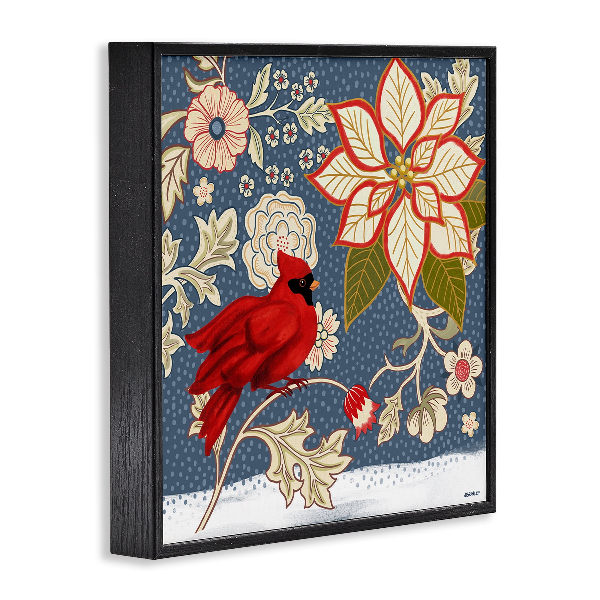 Stupell Industries Winter Cardinal with Flowers Animals & Insects Painting Black Framed Art Print Wall Art, 12 x 12