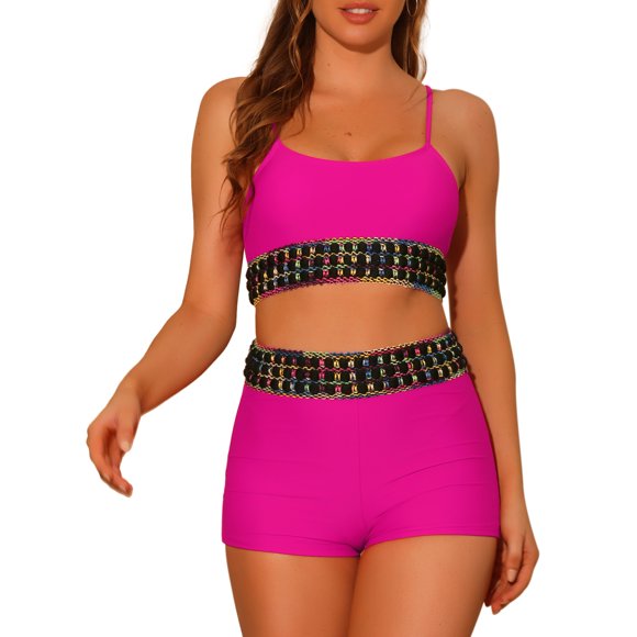 Conjuntos de bikini de color contrastante para mujer de 2 piezas, traje de baño de cintura alta con escote redondo, pequeño rosa rojo