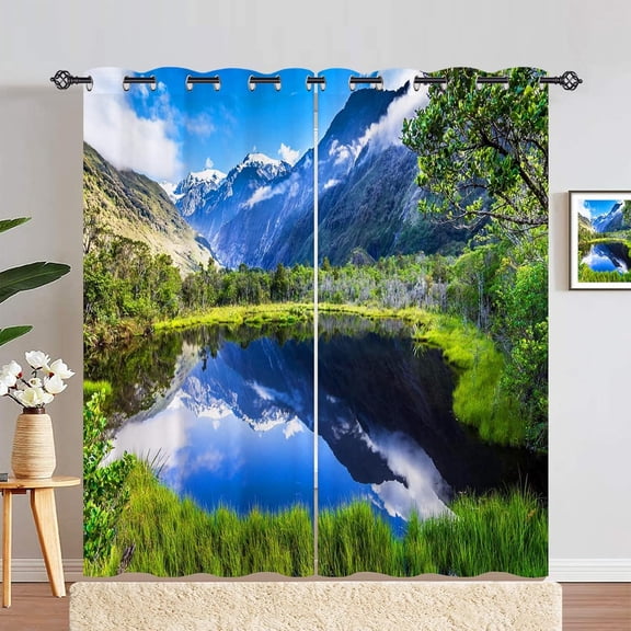Nature Curtains - Landscape Theme Lake Forest Trees Mountains Blue Sky Clouds Scenery Scene Print Pattern Grommet Light Filtering Window Drapes for Bedroom Living Room 2 Panels 42 x 84 Inch