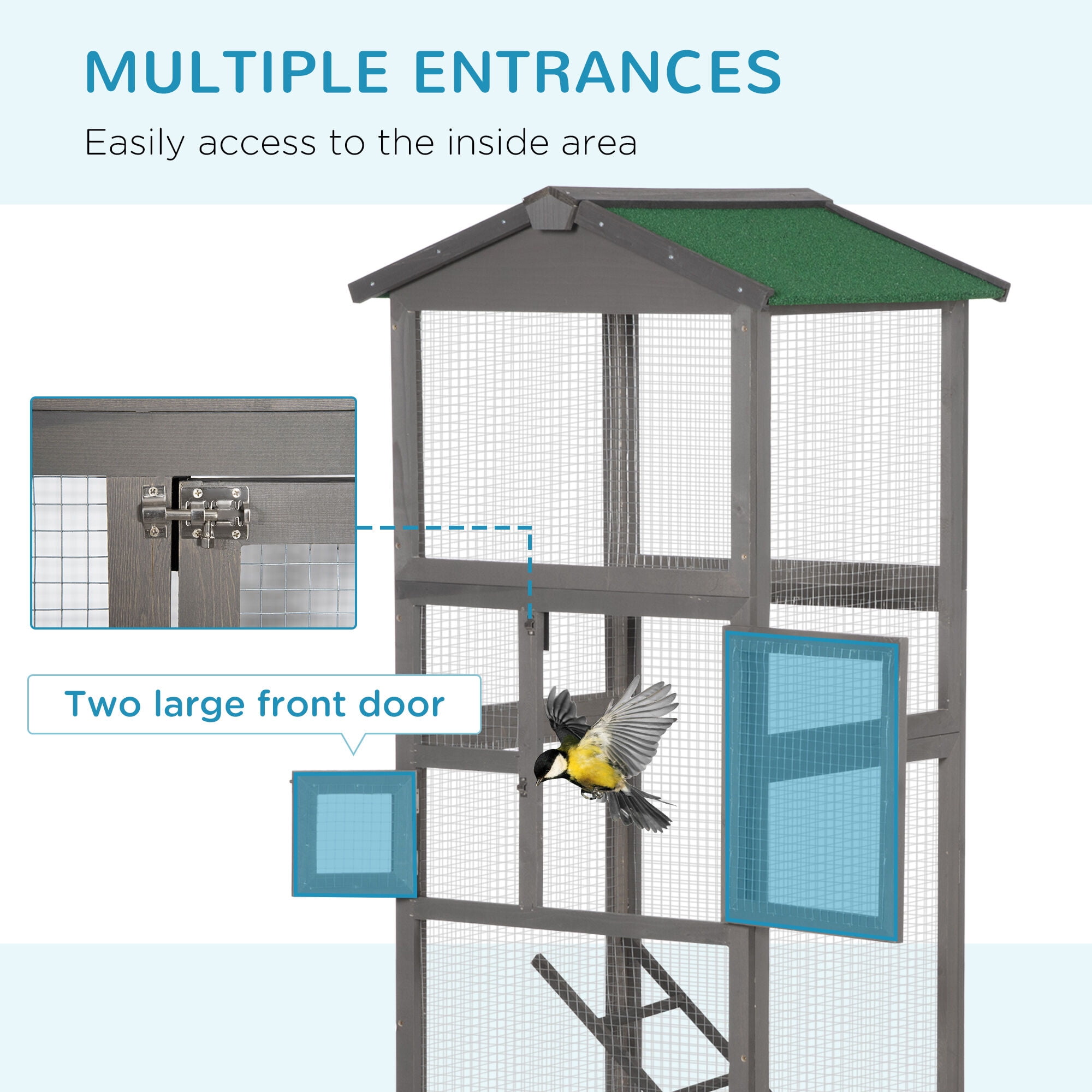 Dog Crate, PawHut 65" Wooden Bird Cage Outdoor Aviary House for Parrot, Parakeet, with Pull Out Tray and 2 Doors, Grey, Gray Pet Playpen,Wood Chicken Coop, Pet Supplies Pens & Hutches