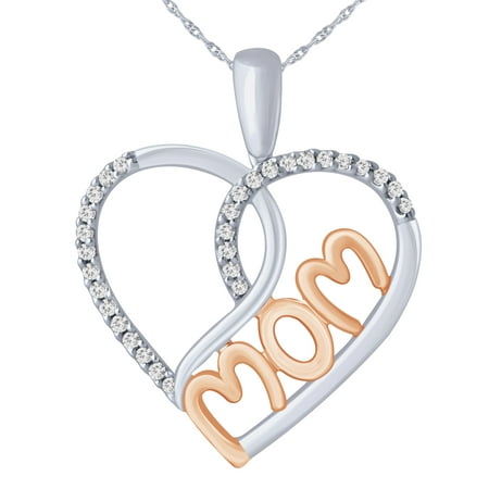 Diamond Double Heart Mom Pendant in Sterling Silver and 14 Karat Rose Gold