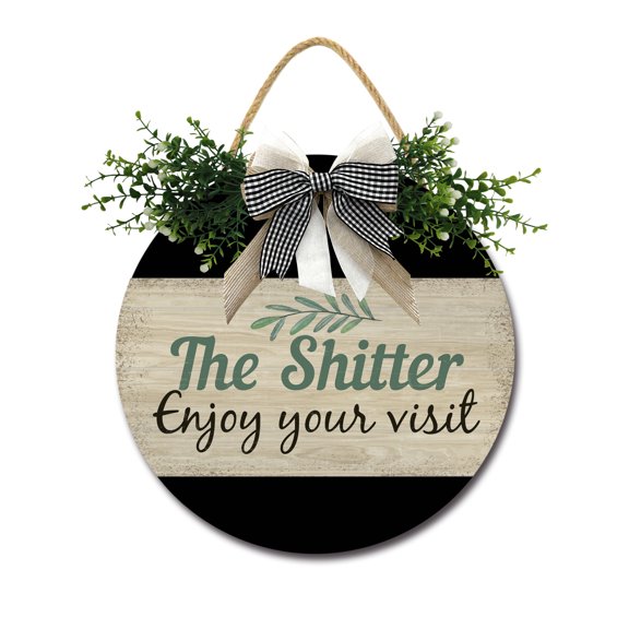 Farmhouse Bathroom Wall Decor - Rustic Framed Round Wooden Sign - Vintage Decoration for Toilet Washroom Restroom - 12 x 12 inch (The Shitter Enjoy Your Visit)