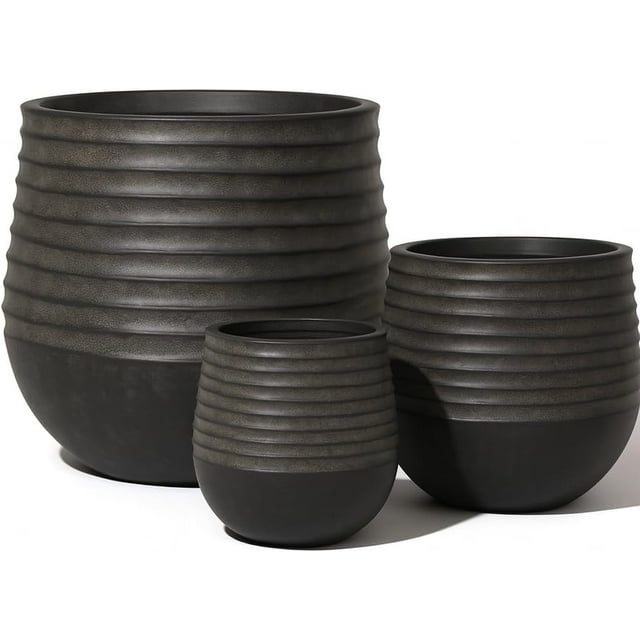 Pot de Jardinière en Résine Côtelé Moderne et Élégant avec Trou de Drainage – Grand Pot de Fleurs Ou Arbre Intérieur Extérieur - Léger Résistant aux Intempéries pour Patio Balcon (Noir Vintage, 3 Tailles Combinées : 11.8 Pouces + 15.7 Pouces + 21 Pouces)