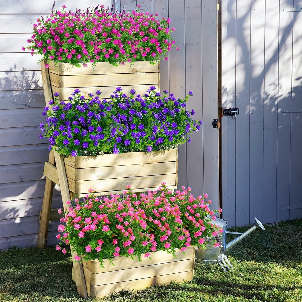 Viworld 12 Bundles Outdoor Artificial Flowers UV Resistant Fake Boxwood Plants, Faux Plastic Greenery for Indoor Outside Plants Garden Home Decor (Pink)