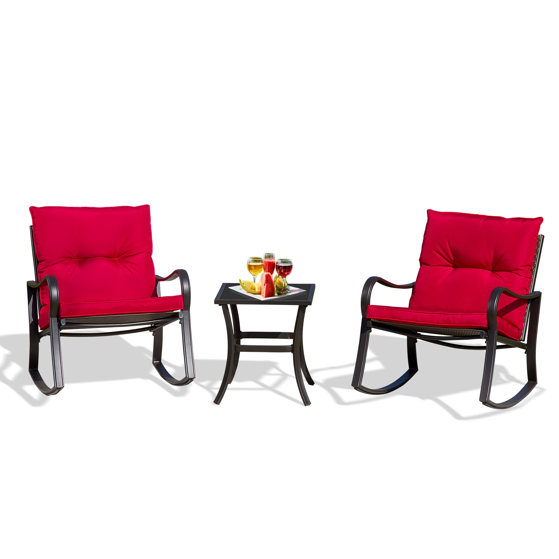 SOLAURA 3-Piece Outdoor Rocking Chairs Bistro Set Black Steel Patio Furniture with Red Thickened Cushion & Glass-Top Coffee Table 