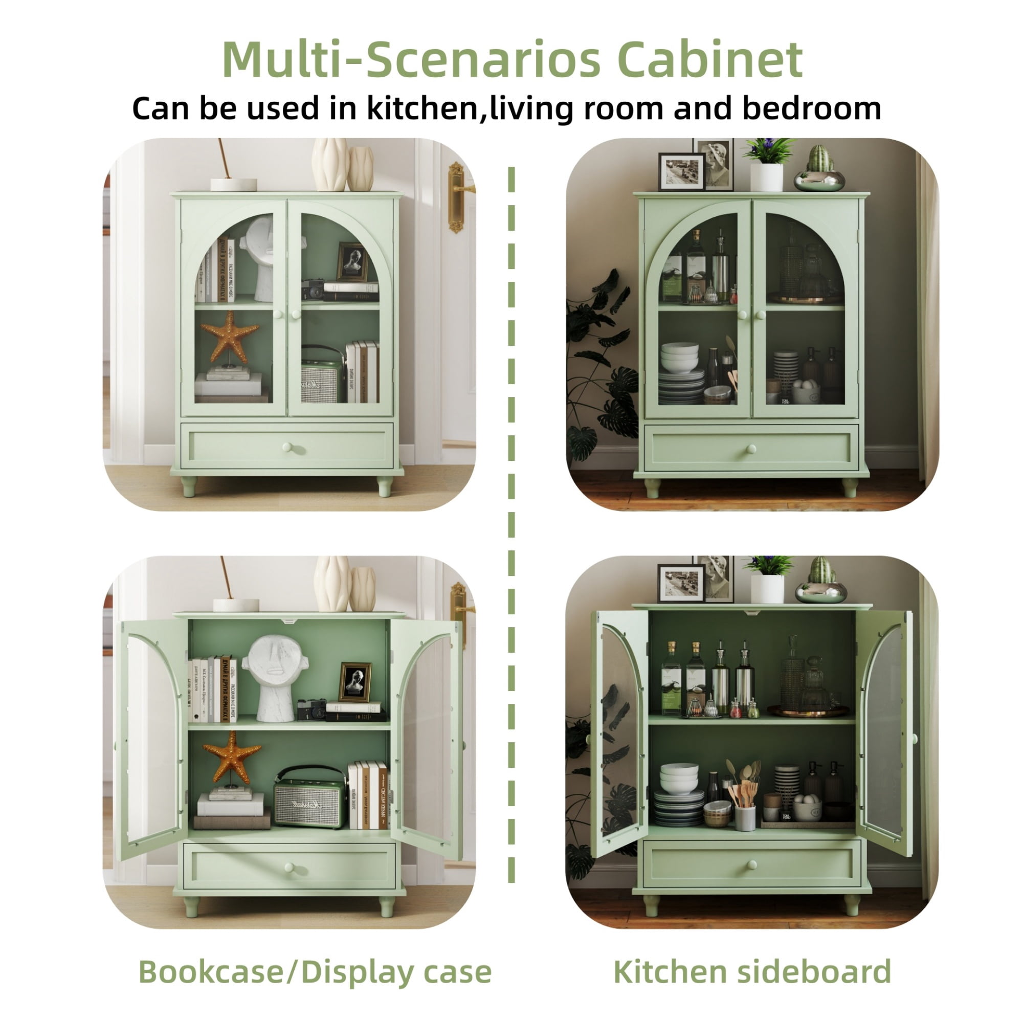 37"H Kitchen Storage Cabinet,Farmhouse Buffet Sideboard with 1 Drawer & 2 Doors,Pantry Cabinet Entryway Cabinet Coffee Bar for Dining Room Living Room,Green