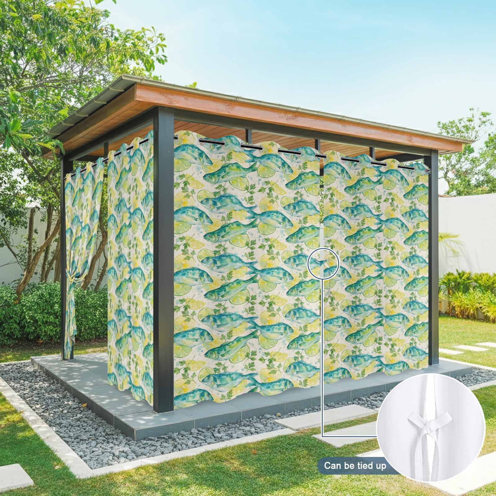 Summer Oceans Fish Outdoor Curtains for Patio, Country Sea Watercolor Yellow Lemon Leaf Linen Sunshade Privacy Drapes Grommet Waterproof Outside Curtains for Porch/Cabana/Balcony 54"x 108", 1 Panel