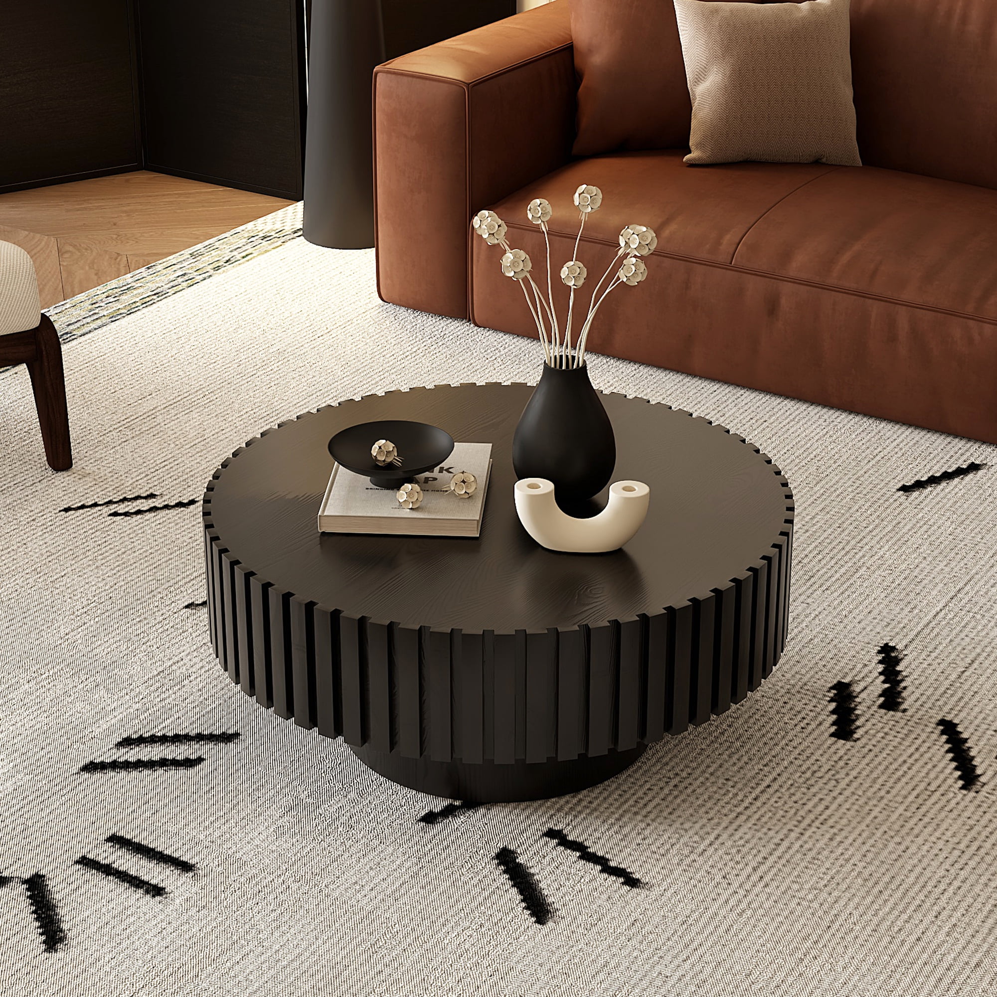 Leumius Round Coffee Table Handcrafted Relief Sturdy Pedestal Wooden Olive-Shaped Tea Table for Living Room Apartment Black
