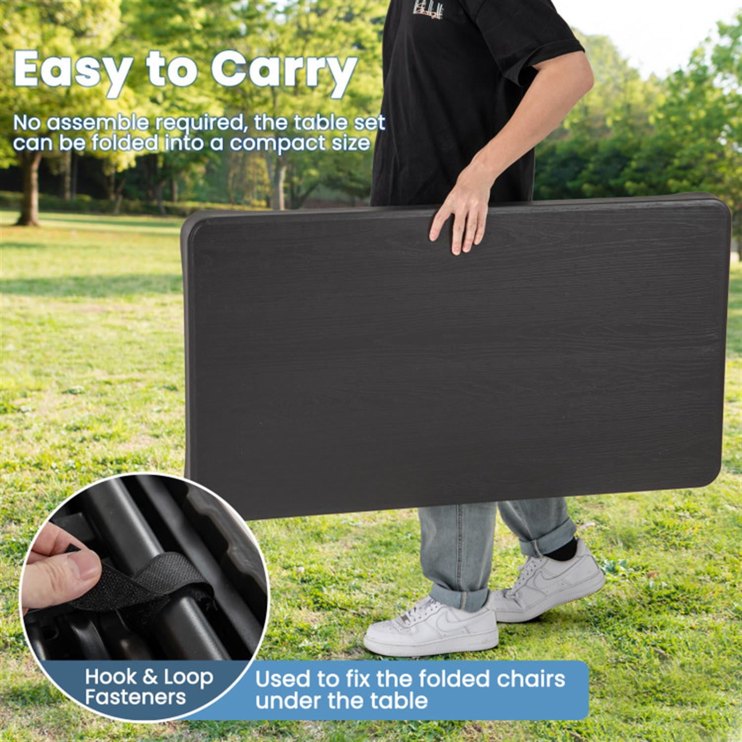 Demi Bonn Outdoor Folding Table Bench Set with All-Weather HDPE Tabletop and Sturdy Metal Frame for Parties Wedding BBQ Camping, Black