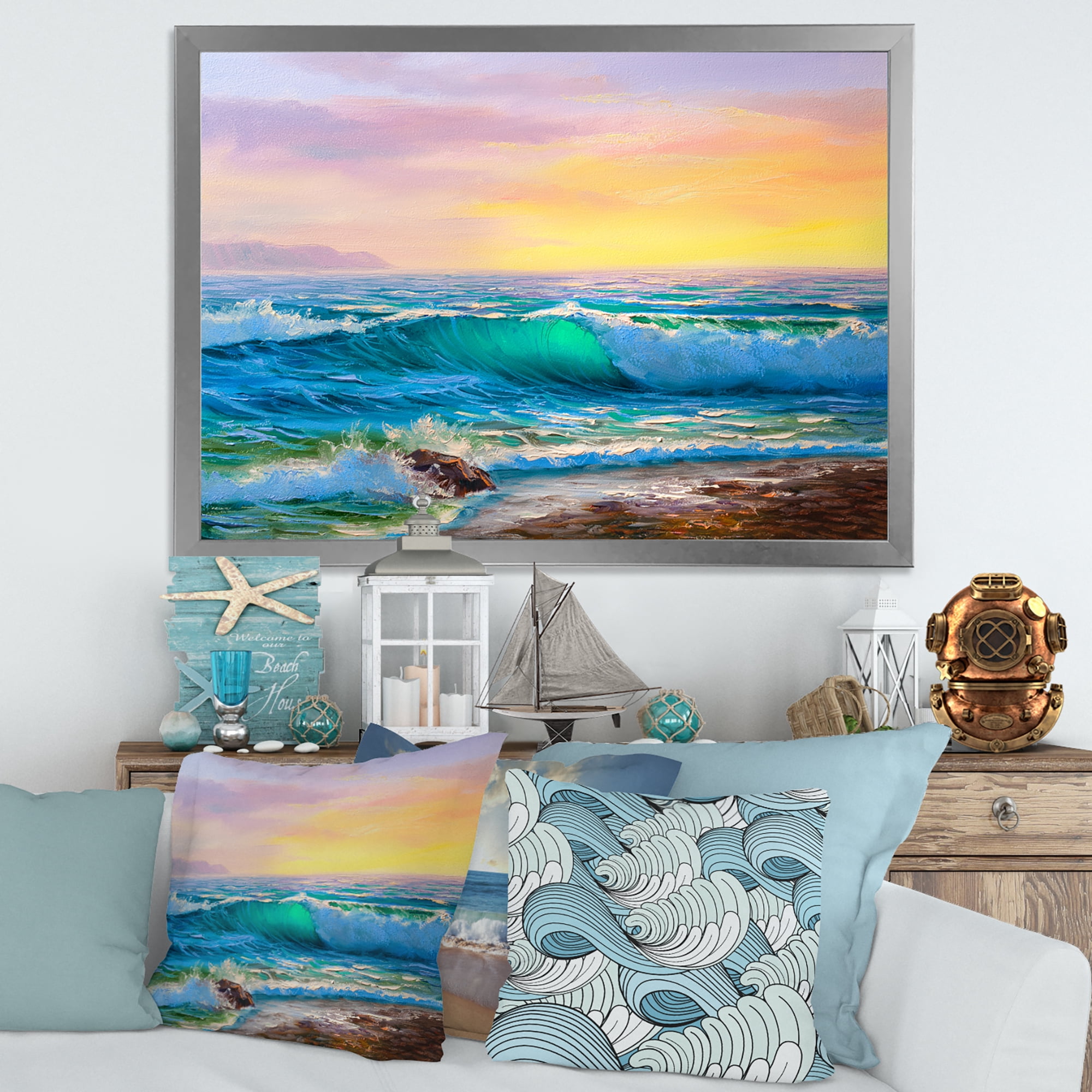 Designart 'Blue Waves Breaking At The Beach Landscape IV' Nautical & Coastal Framed Art Print