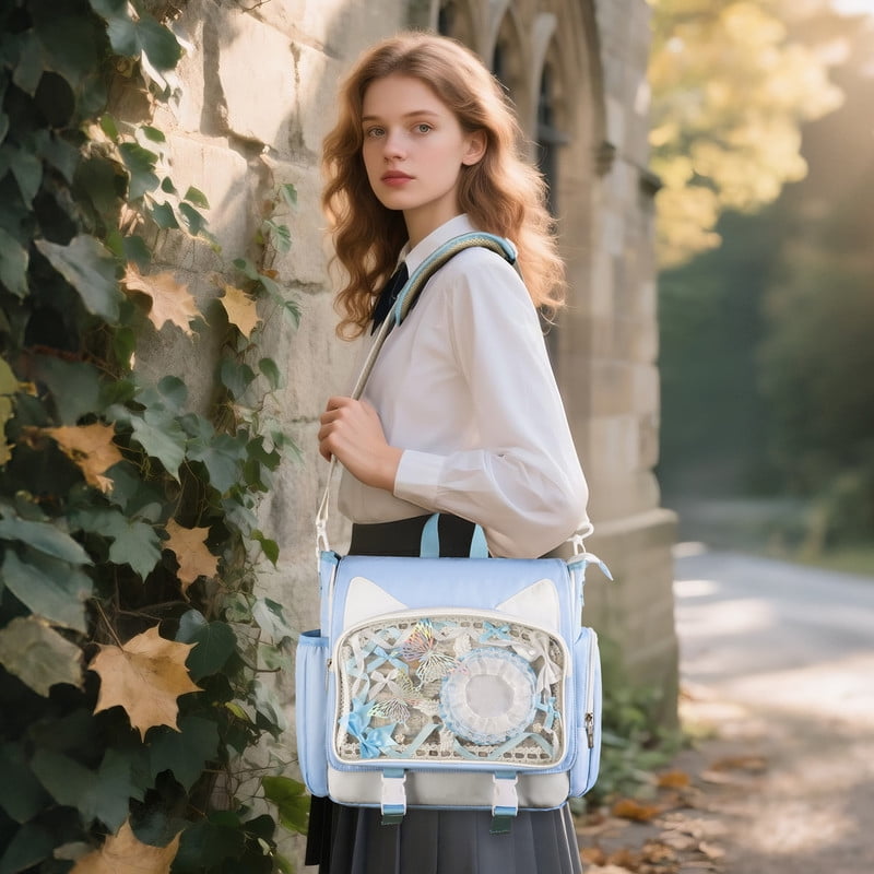 TINYAT Backpack for Women Cute Crossbody Bag DIY Kawaii Anime Y2K Cat Ita Bag for Shop Concert College Blue