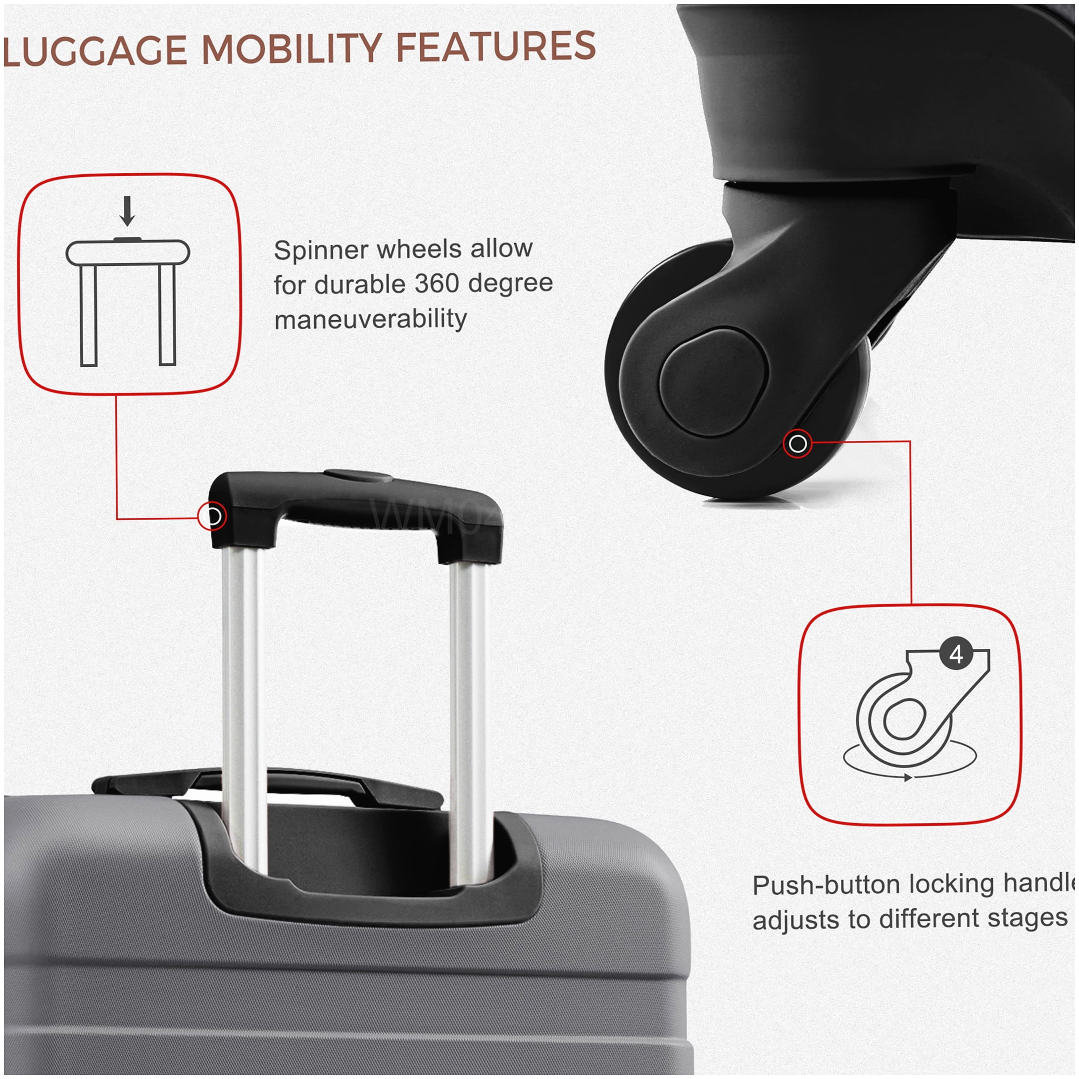 MANGIJOY Travel Luggage Set 4-Piece with TSA Lock, Spinner Wheels, Laptop Pocket &; Wet-Dry Bag, Grey