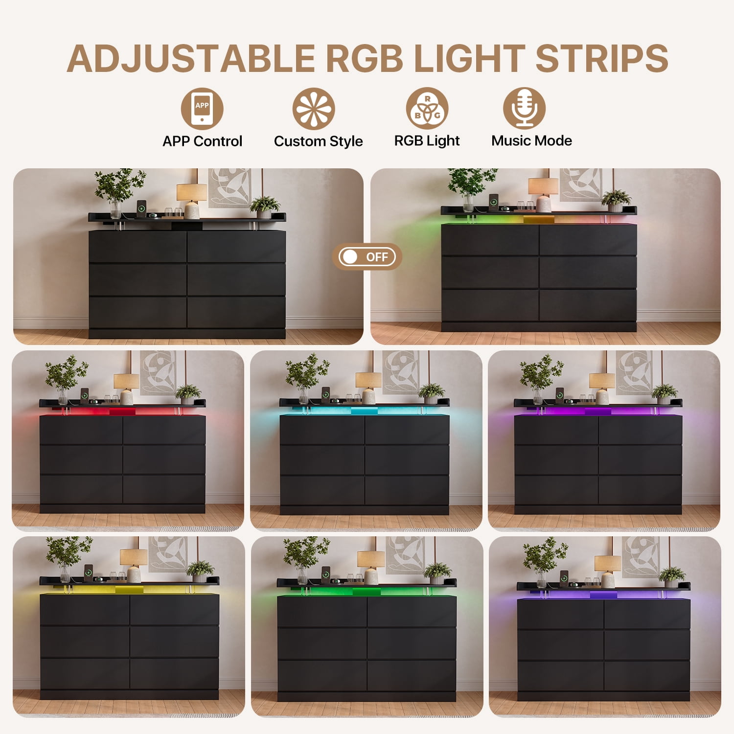 BaPiPro 47-Inch Black 6 Drawer Dresser, Modern High Gloss Chest with LED Light & Glass Tabletop, Large Capacity Storage Cabinet for Bedroom or Living Room