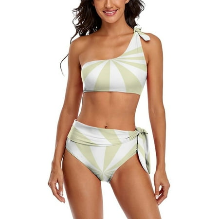 Aesthetic 0yster White And White Sunburst One Shoulder Bowknot Swimsuit Two Piece Swimsuit Knot Crop Top Bikini High Waisted Bathing Suit