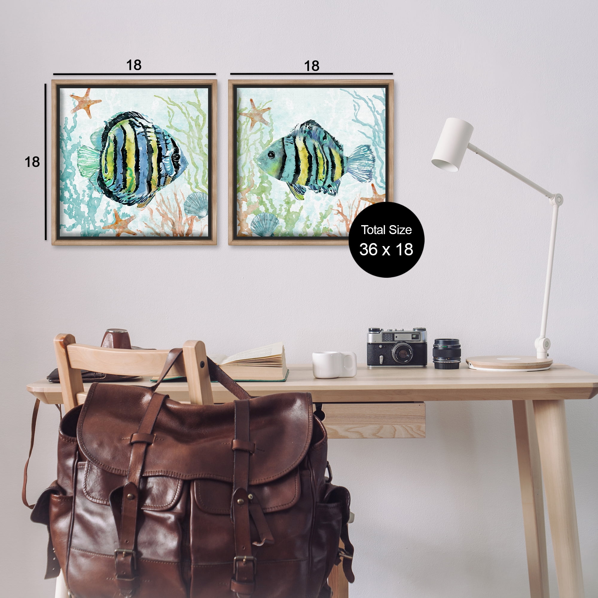 Stupell Industries Aquatic Striped Fish Animals Painting Brown Floater Framed Canvas Art Print Wall Art, 18 x 18, Set of 2