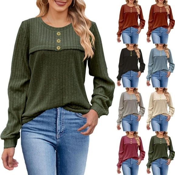 HAPIMO Womens Sweaters Crewneck Long Sleeve Shirts Loose Casual Fall Button Tunic Tops Green L