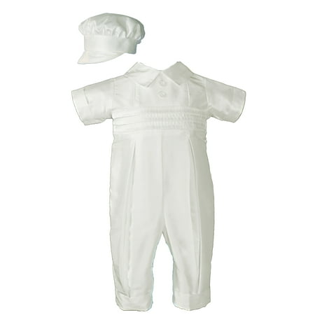 Boys White Silk Christening Baptism Coverall with Hat (Baby)