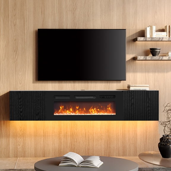 Fireplace Floating TV Stand with Fluted Doors and Yellow Light for TVs up to 80inch