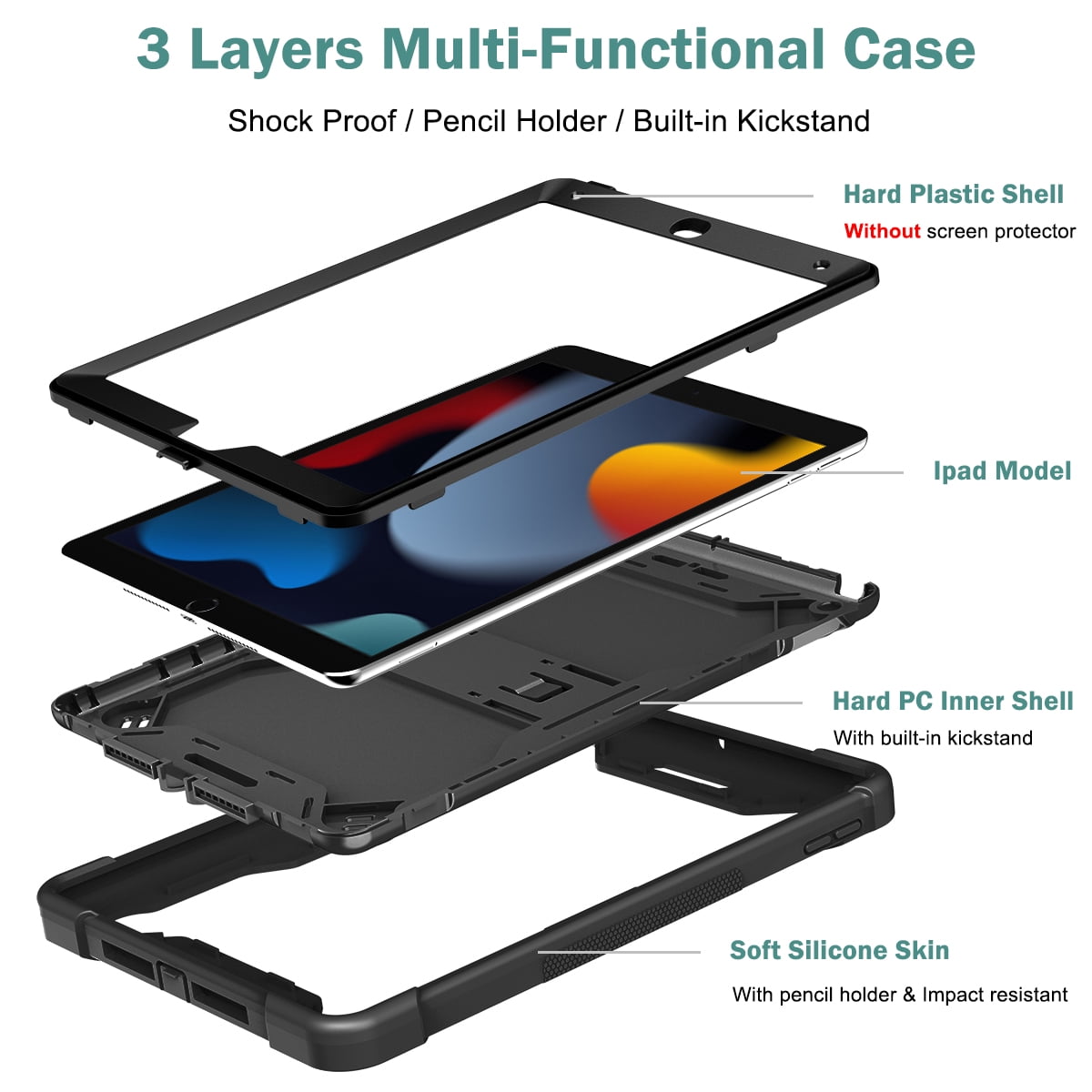 Casetego for iPad 9th/8th/7th Generation 2021/2020/2019(10.2 inch),Heavy Duty Military Grade Shockproof Rugged Protective 10.2" Cover with Built-in Stand for iPad 9 8 7 Gen,Black