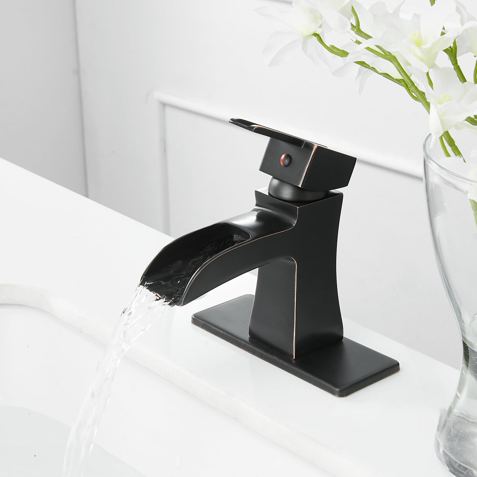 BWE Oil Rubbed Bronze Bathroom Faucet with Pop Up Drain Stopper Overflow Assembly and Supply Hose Bath Waterfall Single Hole Handle Farmhouse Bathroom Sink Faucet Lavatory Mixer Tap
