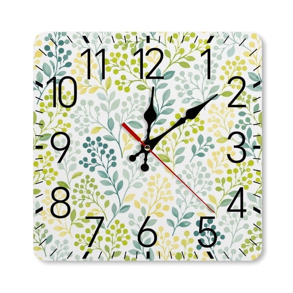 RKSupls 10×10inch Square Silent Wall Clock Wooden Frame, Spring Berry Branch Pattern Scale Decorative Clock for Home Bedroom Living Room Office